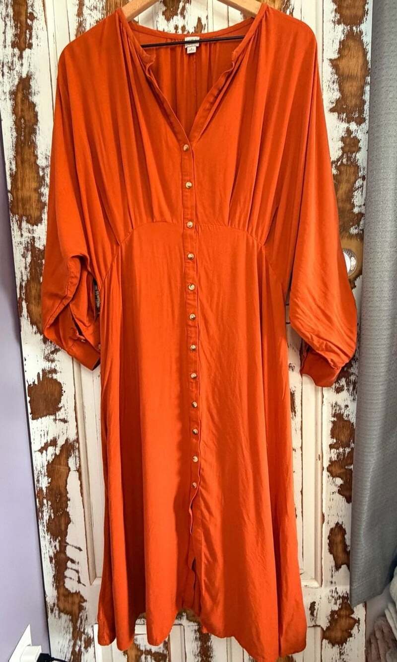 LOFT Beach V-Neck Button Front Midi Dress Long Sleeve Orange Size M
